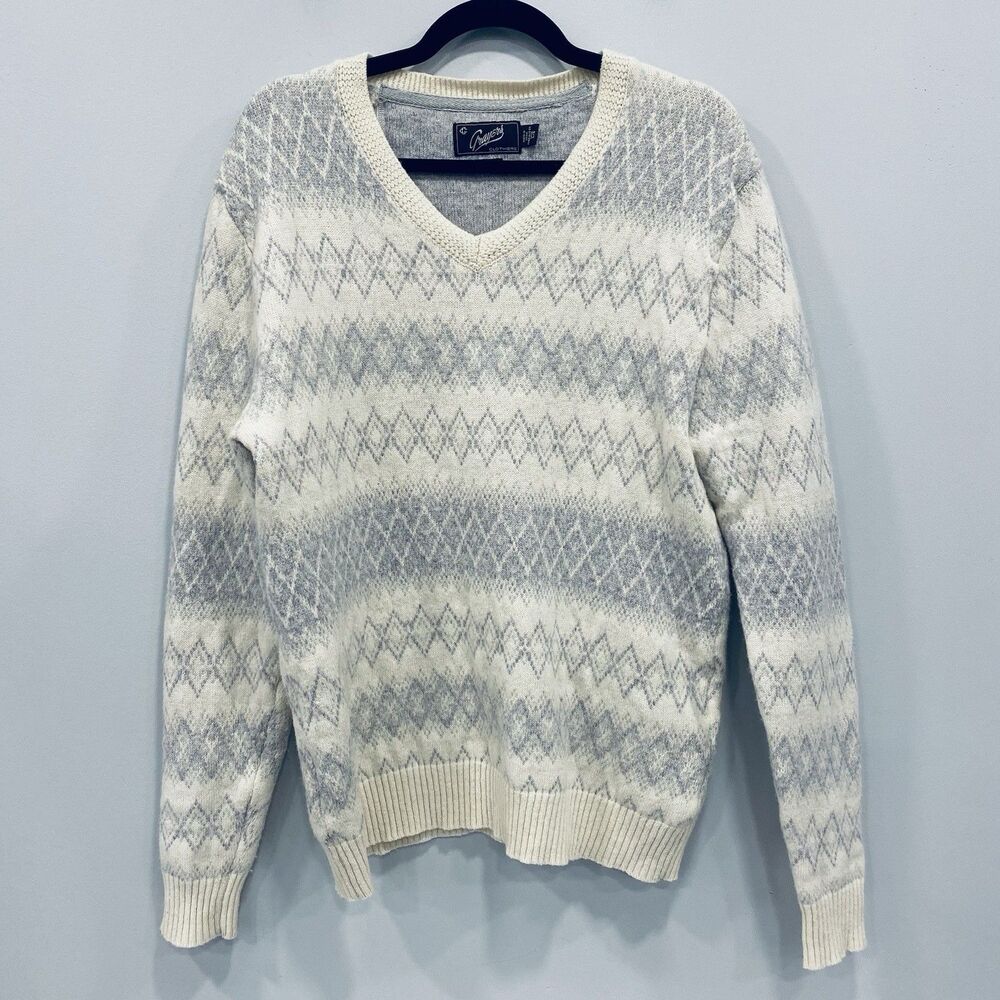 GRAYERS L Men Knit Sweater Lambswool Argyle Gray Cream Fair Isle Ski Nordic Warm